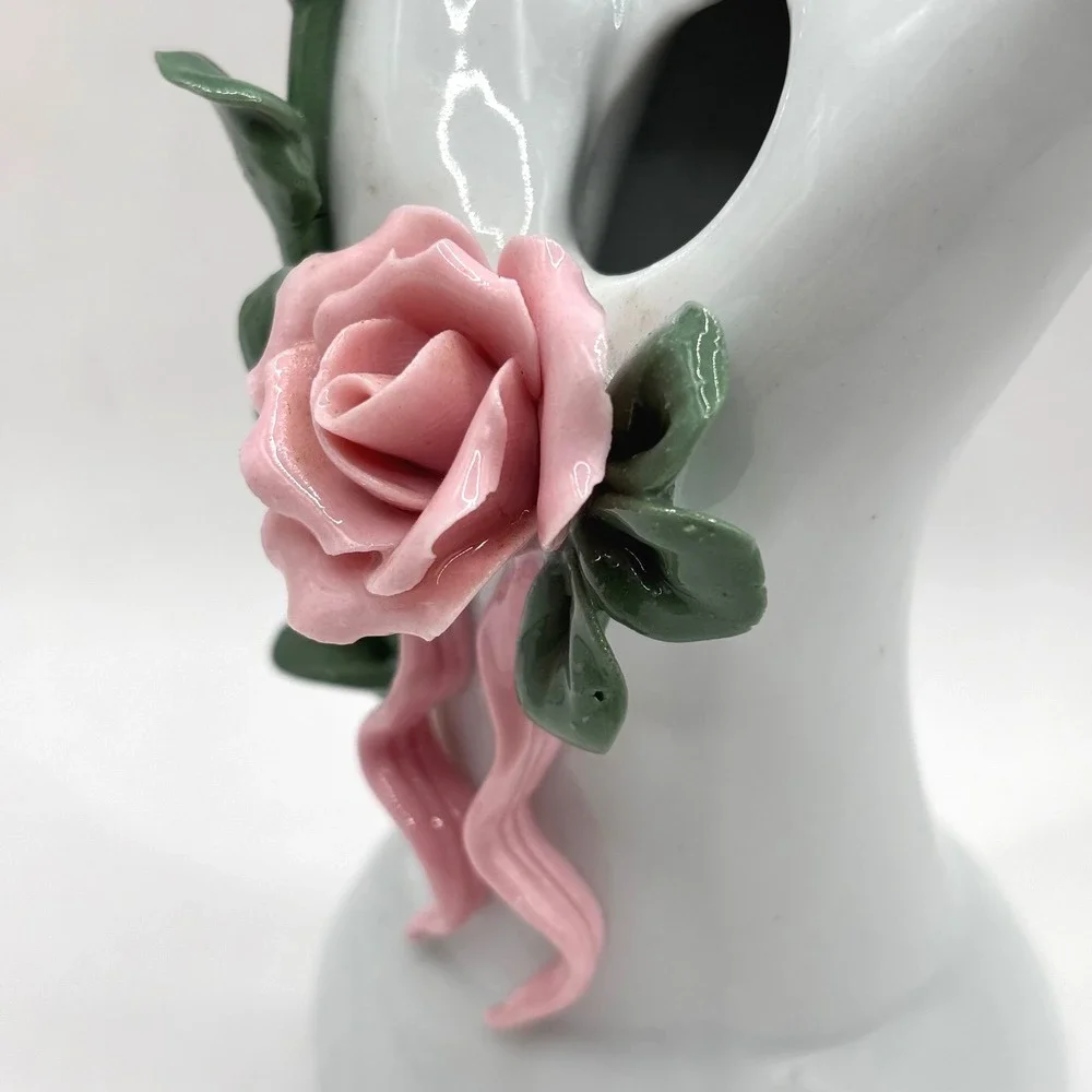 Vintage Porcelain Hand Bud Vase Ring Holder Pink Roses Hand Painted EUC